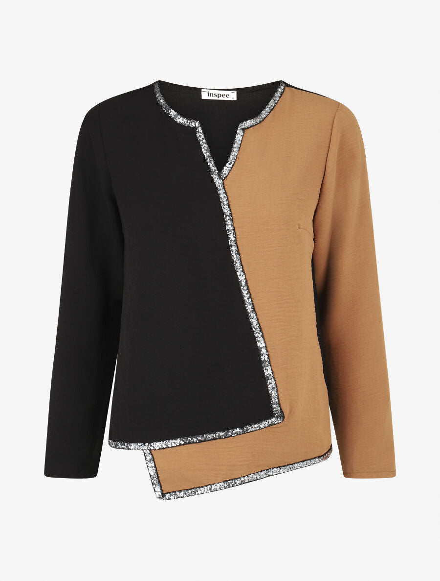Blouse asymétrique à détail sequins - Camel - 1