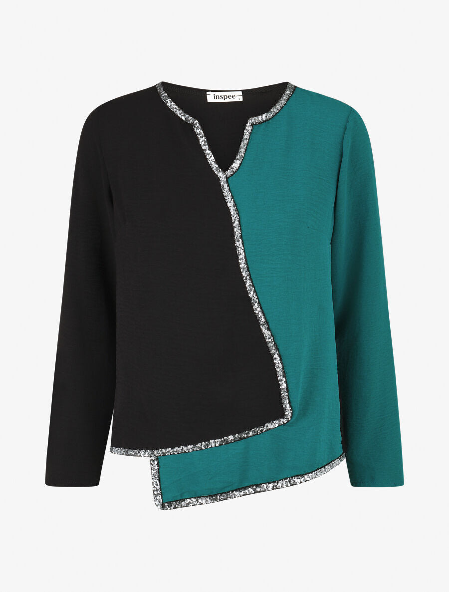 Blouse asymétrique à détail sequins - Bleu canard - 4