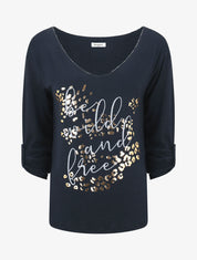 Pull droit et fin flocage léopard - Marine - 4