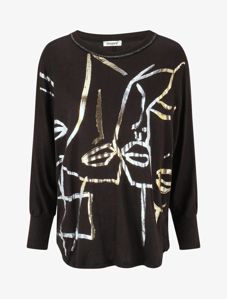 Pull fin droit flocage stylisé irisé - Noir - 4