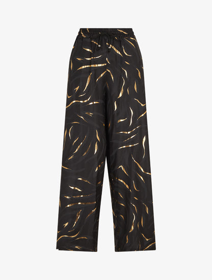 Pantalon satiné taille haute à motif doré - Noir - 1