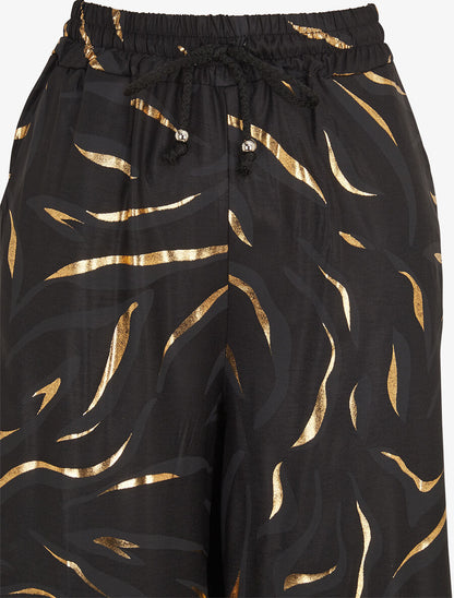 Pantalon satiné taille haute à motif doré - Noir - 3