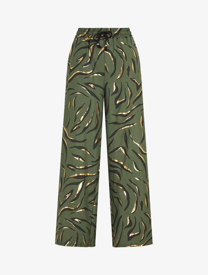 Pantalon satiné taille haute à motif doré - Kaki - 4