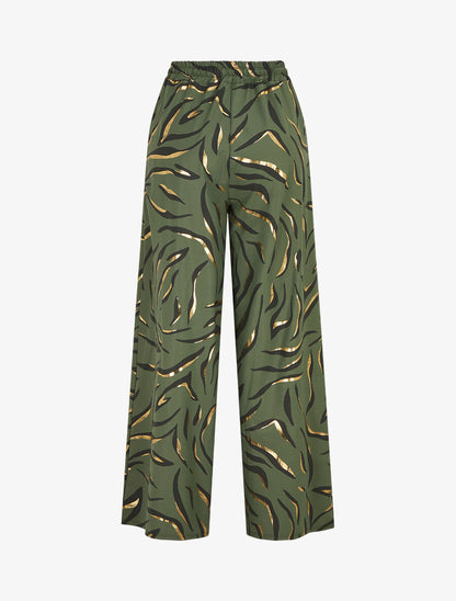 Pantalon satiné taille haute à motif doré - Kaki - 2