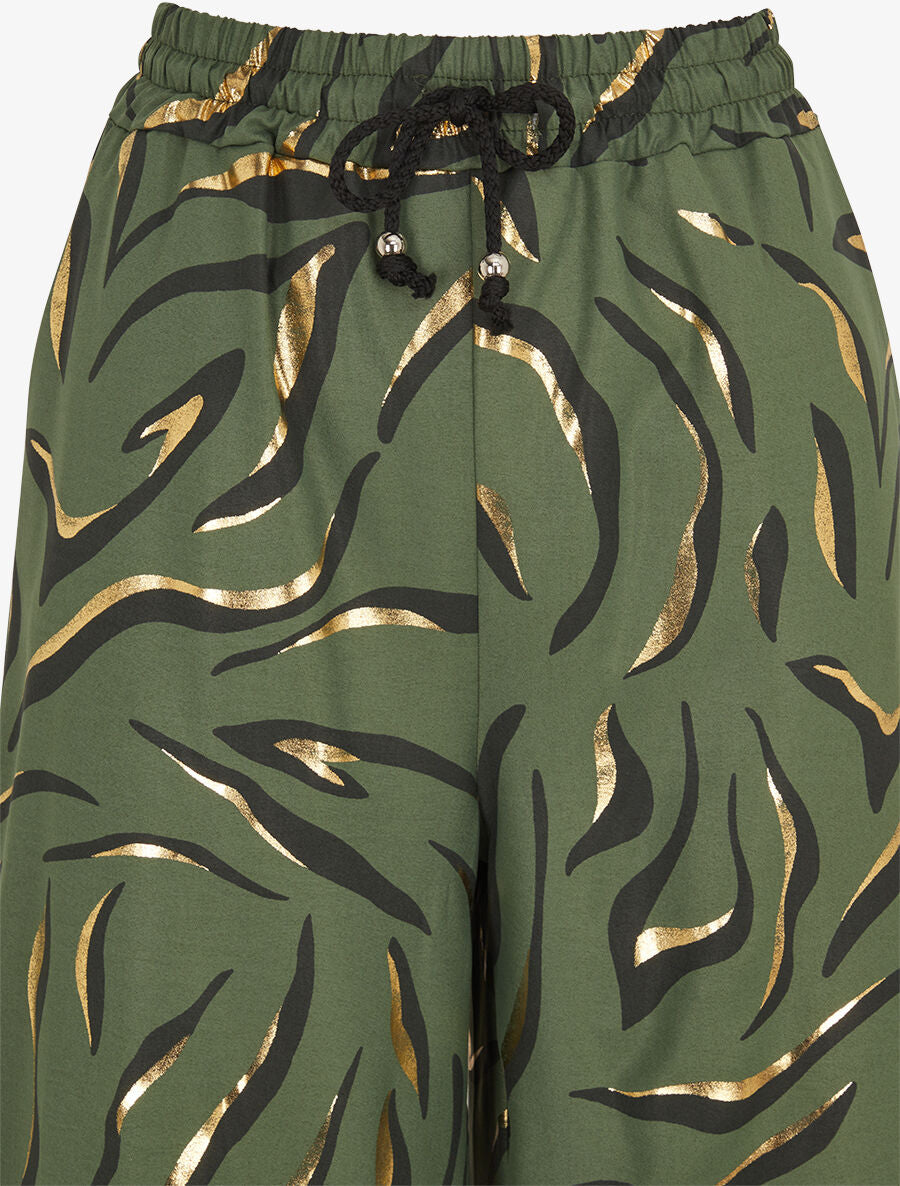 Pantalon satiné taille haute à motif doré - Kaki - 3