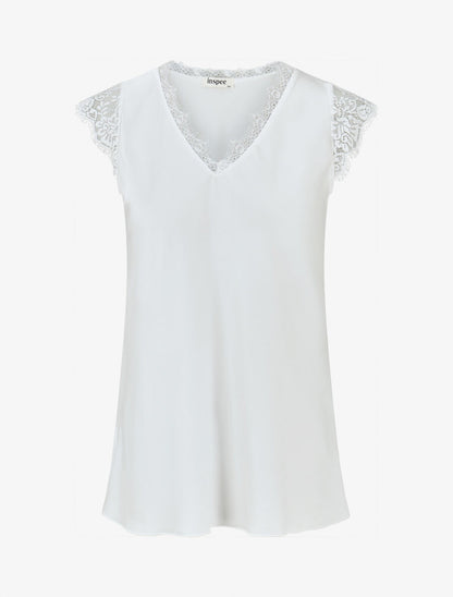 Top satiné à épaules en dentelle - Blanc - 1