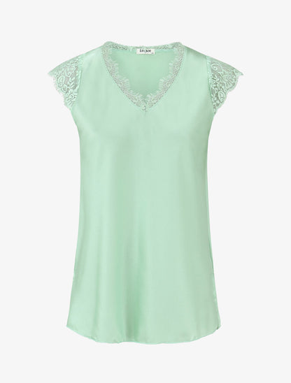 Top satiné à épaules en dentelle - Vert clair - 1