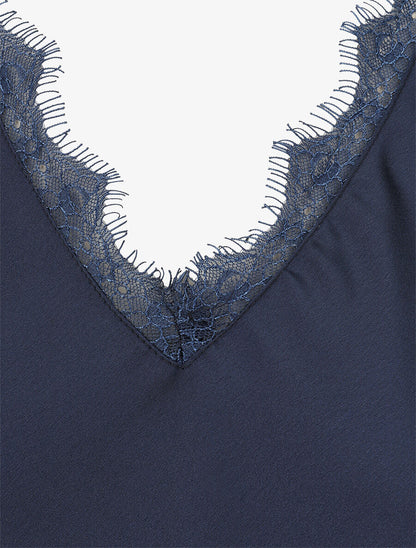 Top satiné à épaules en dentelle - Marine - 3