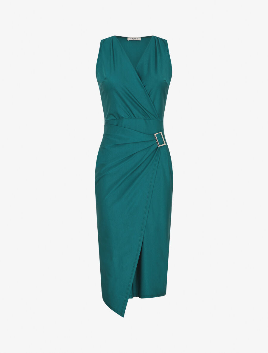 Robe satinée unie à boucle - Vert sapin - 1