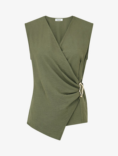 Top asymétrique élastiqué à col cache-coeur - Kaki - 1