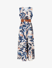 Robe longue élastiquée imprimé feuillage - Marine - 1