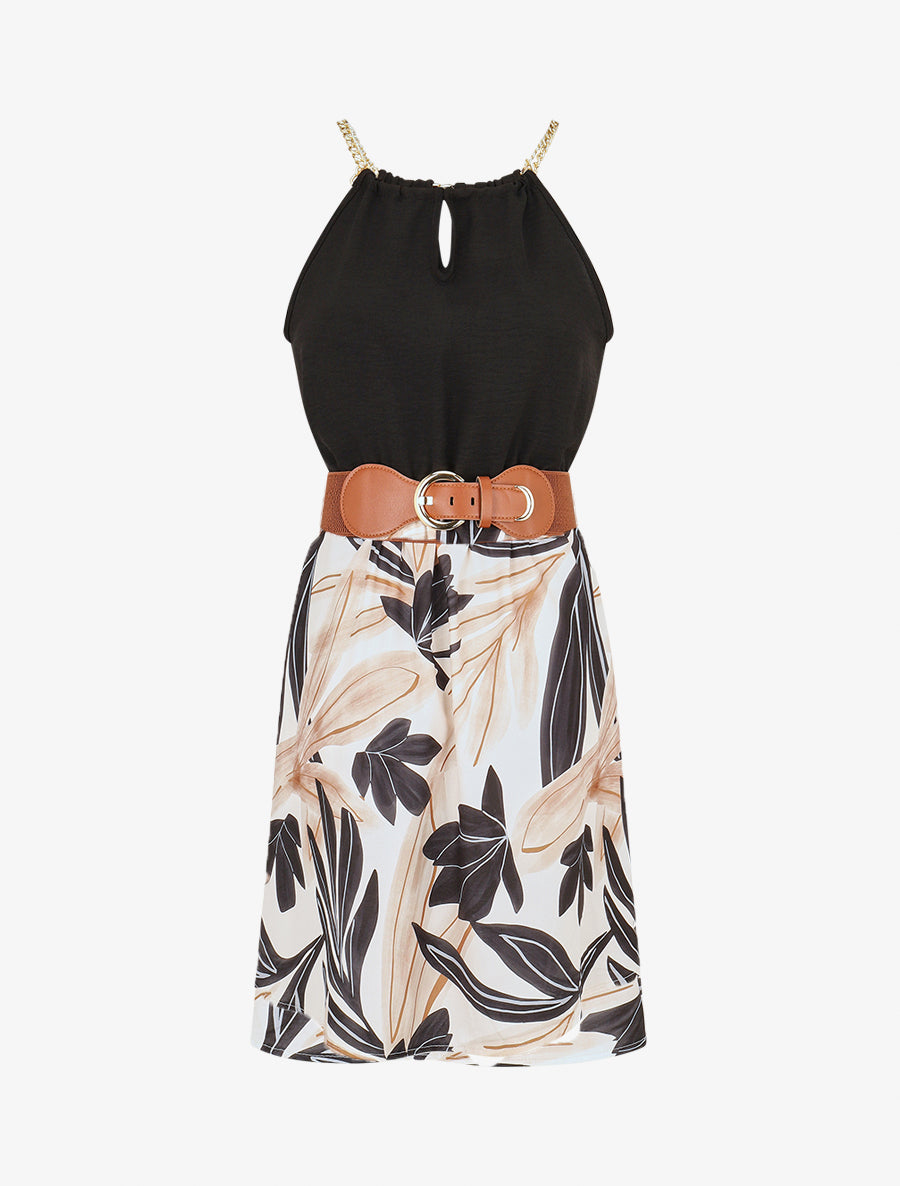 Robe mi-longue imprimé feuillage à bretelles en chaîne - Noir - 1