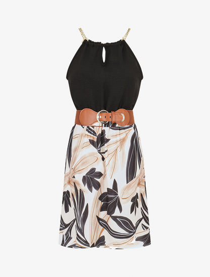 Robe mi-longue imprimé feuillage à bretelles en chaîne - Noir - 1