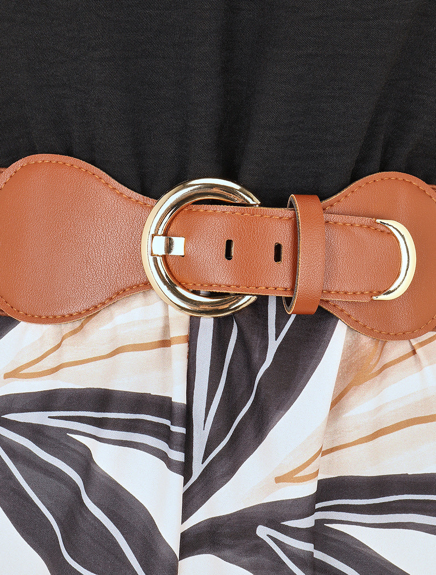 Robe mi-longue imprimé feuillage à bretelles en chaîne - Noir - 3