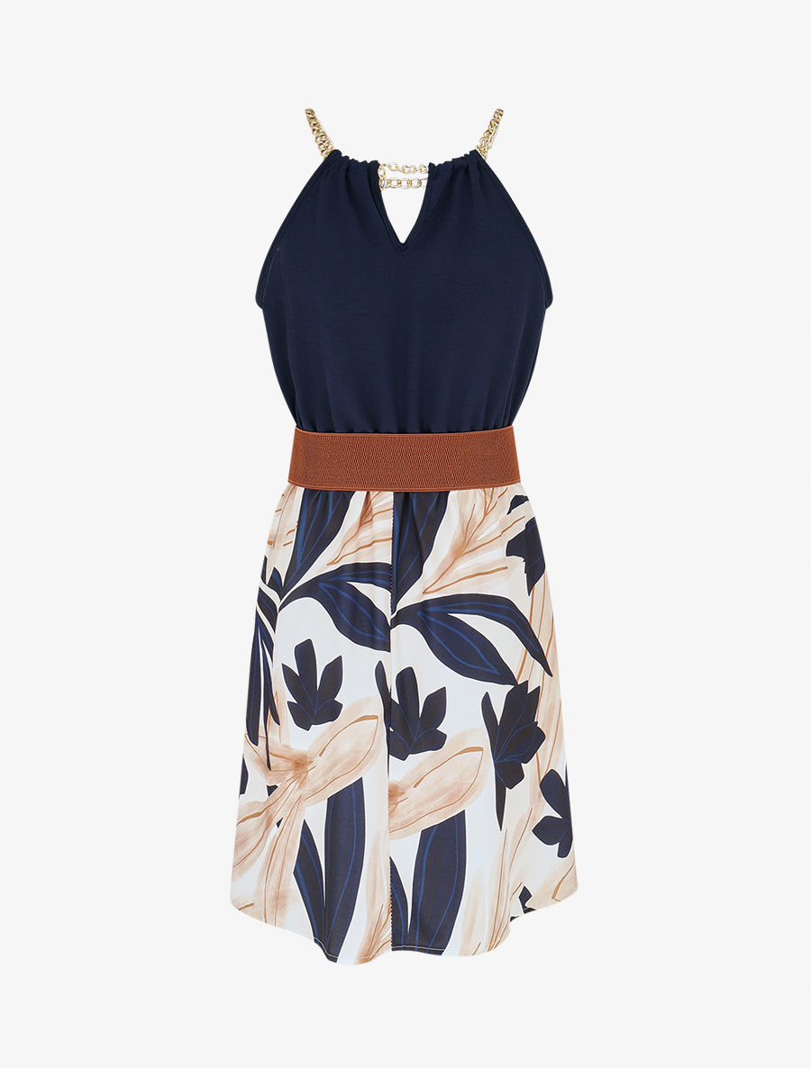 Robe mi-longue imprimé feuillage à bretelles en chaîne - Marine - 2
