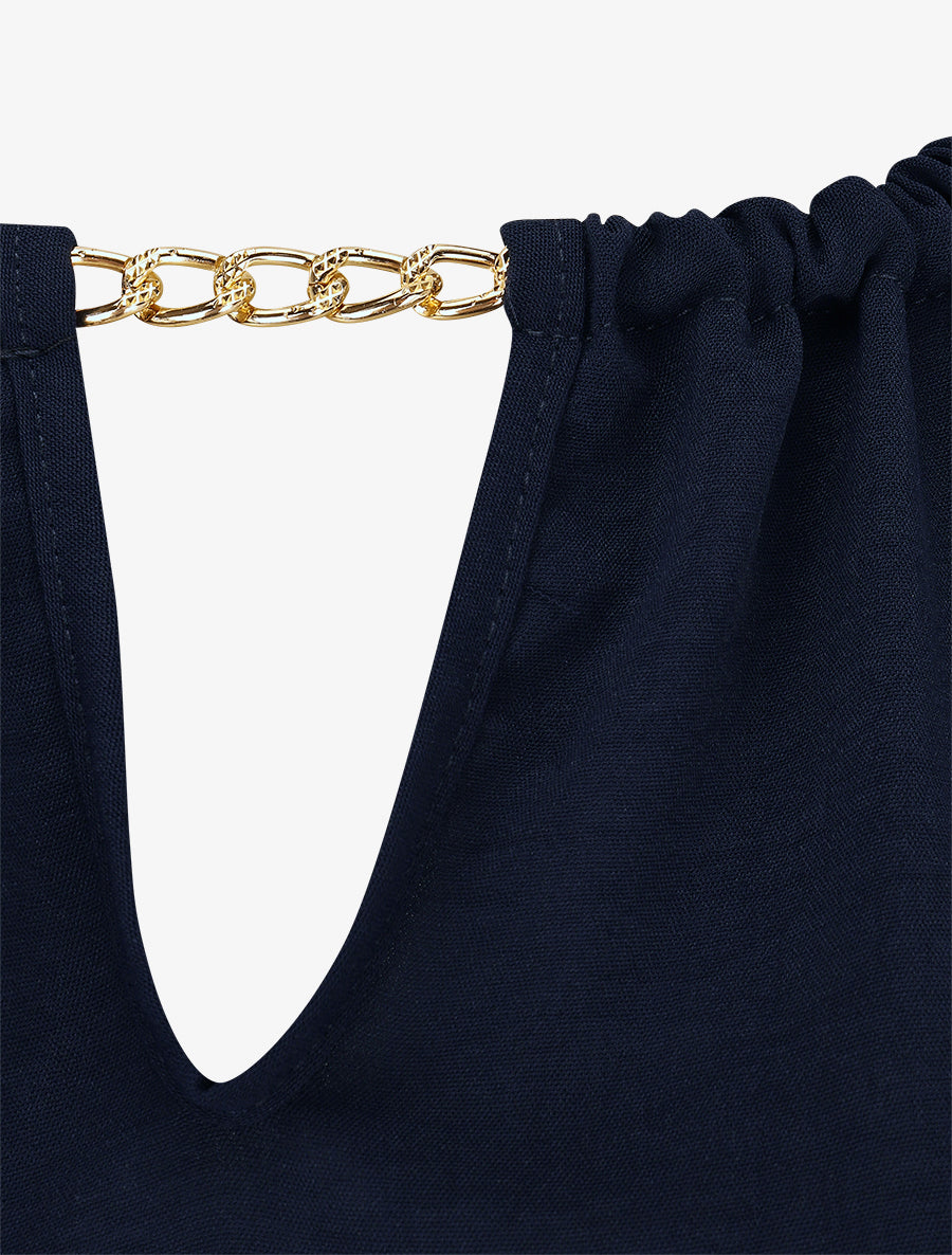 Robe mi-longue imprimé feuillage à bretelles en chaîne - Marine - 3