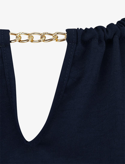 Robe mi-longue imprimé feuillage à bretelles en chaîne - Marine - 3