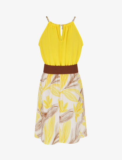 Robe mi-longue imprimé feuillage à bretelles en chaîne - Jaune - 2