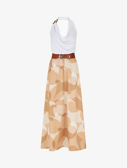 Robe longue dos nu à imprimé graphique - Beige - 1