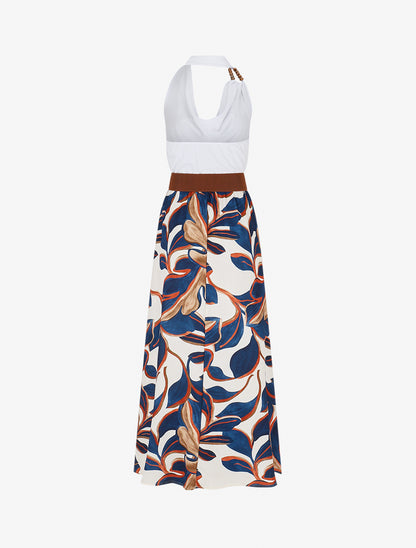 Robe longue dos nu à imprimé grandes feuilles - Marine - 2