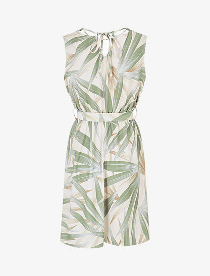 Robe mi-longue à col à perles et imprimé tropical - Kaki - 2