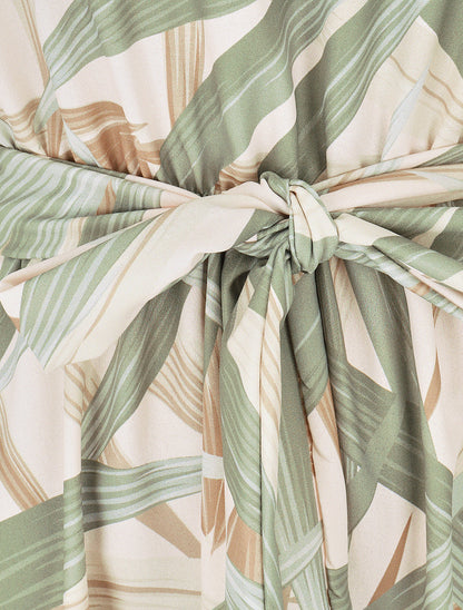 Robe mi-longue à col à perles et imprimé tropical - Kaki - 3