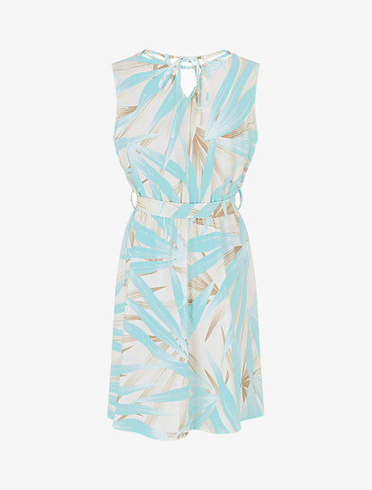 Robe mi-longue à col à perles et imprimé tropical - Turquoise - 2