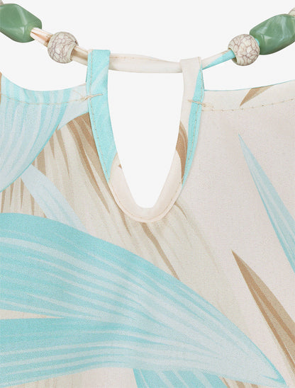 Robe mi-longue à col à perles et imprimé tropical - Turquoise - 3