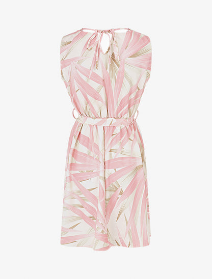 Robe mi-longue à col à perles et imprimé tropical - Rose - 2