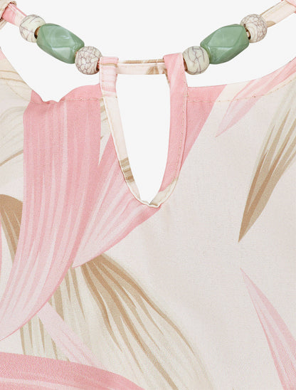 Robe mi-longue à col à perles et imprimé tropical - Rose - 3