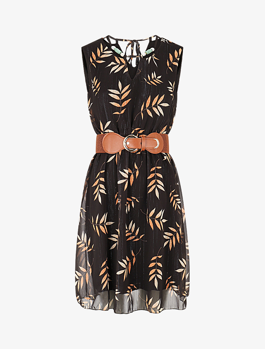 Robe irisée à col à perles et imprimé feuilles - Noir - 1