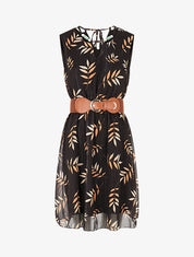 Robe irisée à col à perles et imprimé feuilles - Noir - 1