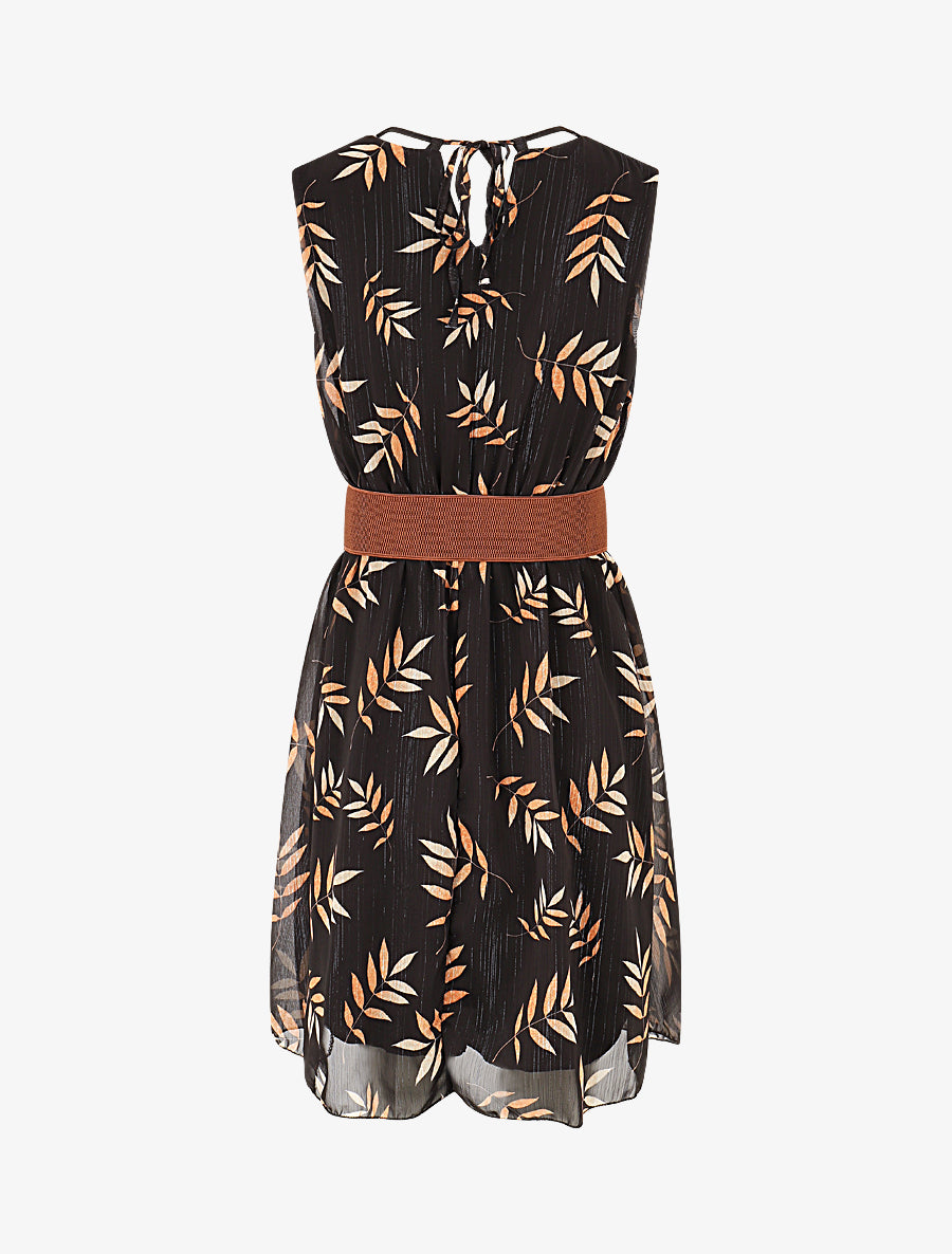 Robe irisée à col à perles et imprimé feuilles - Noir - 2