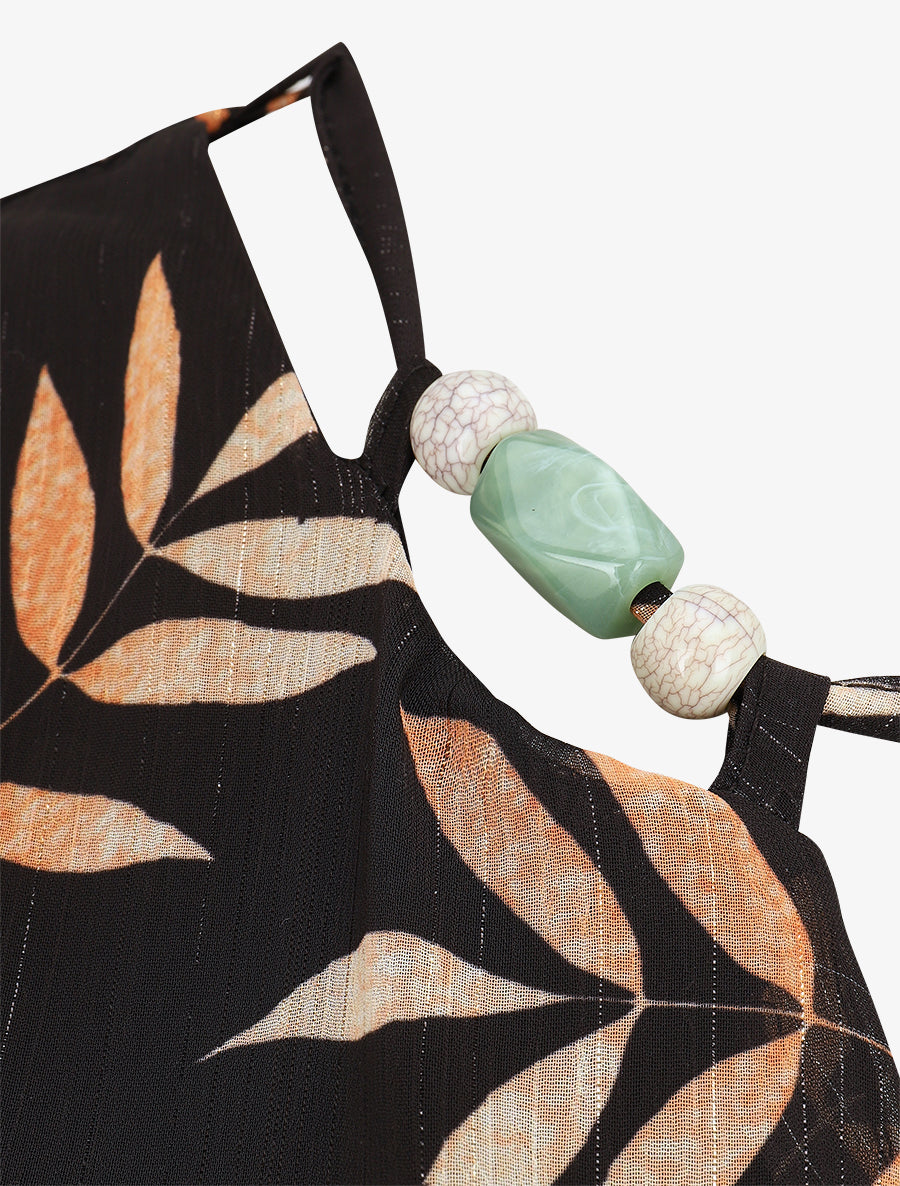 Robe irisée à col à perles et imprimé feuilles - Noir - 3