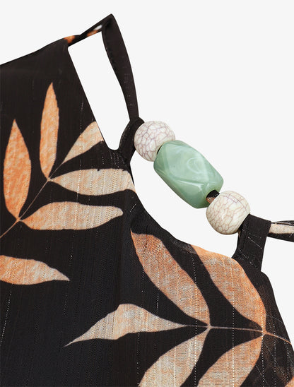 Robe irisée à col à perles et imprimé feuilles - Noir - 3