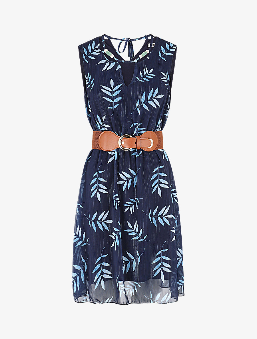 Robe irisée à col à perles et imprimé feuilles - Marine - 1