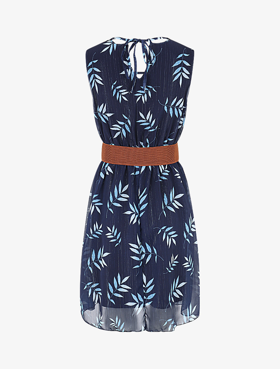 Robe irisée à col à perles et imprimé feuilles - Marine - 2