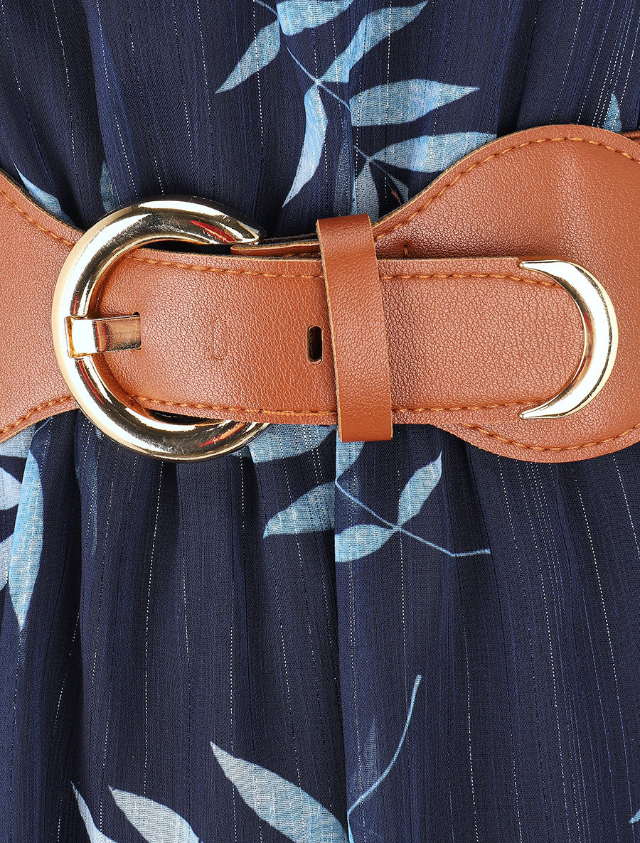 Robe irisée à col à perles et imprimé feuilles - Marine - 3