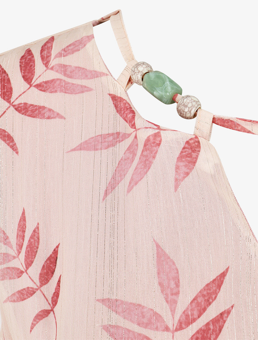 Robe irisée à col à perles et imprimé feuilles - Rose/beige - 3
