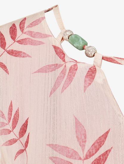 Robe irisée à col à perles et imprimé feuilles - Rose/beige - 3