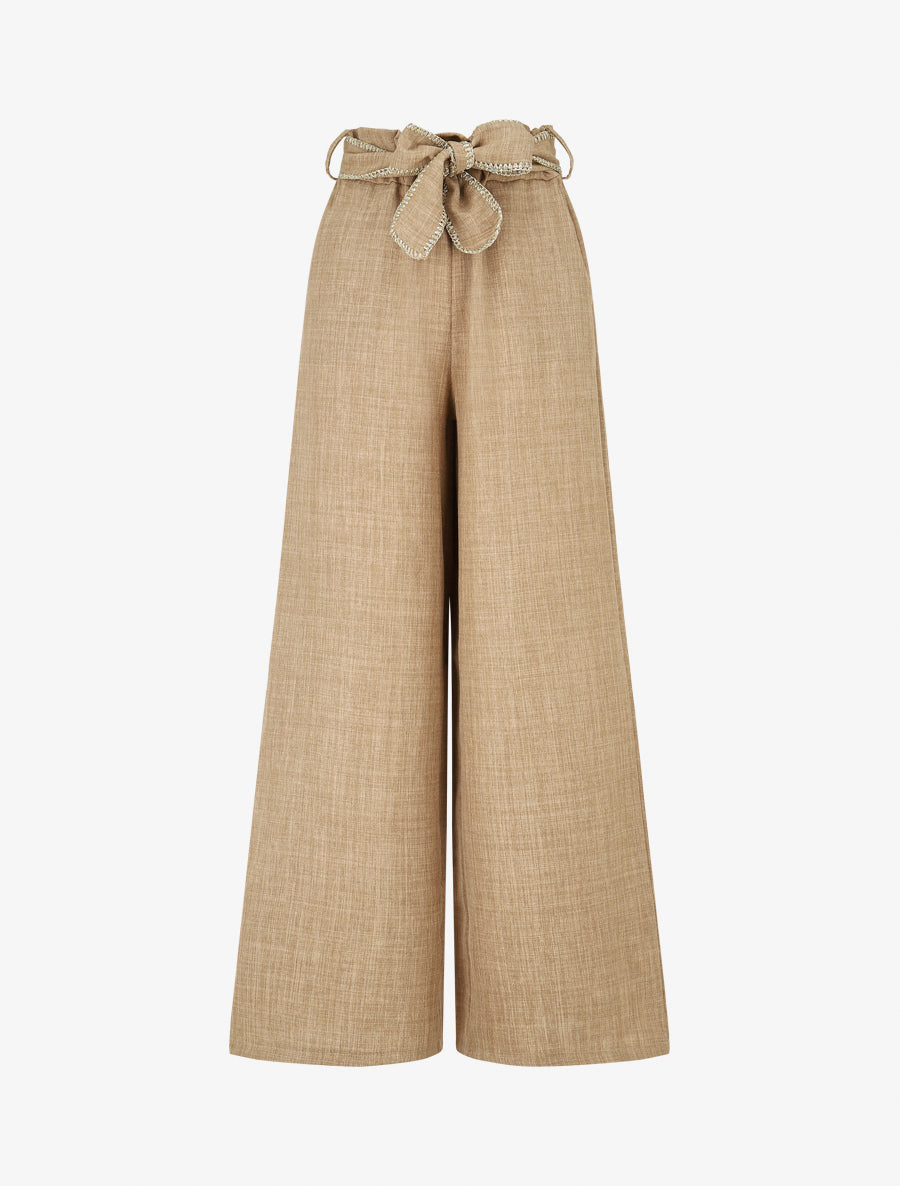 Pantalon ample taille haute à ceinture fantaisie - Taupe - 1