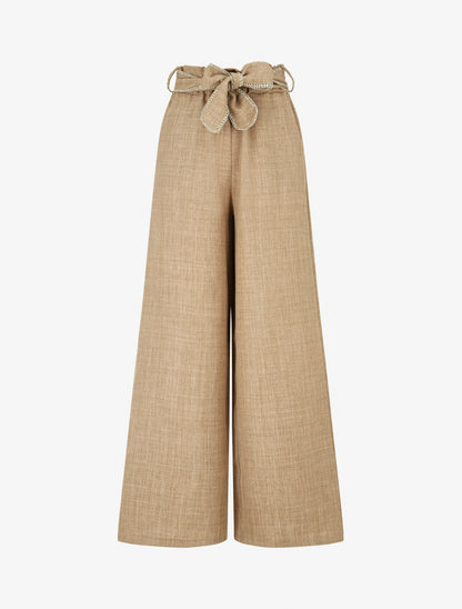 Pantalon ample taille haute à ceinture fantaisie - Taupe - 1