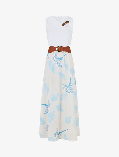 Robe longue imprimé végétal et col à sangle - Bleu ciel - 1