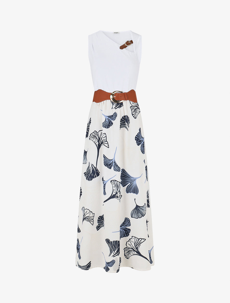 Robe longue imprimé végétal et col à sangle - Marine - 1