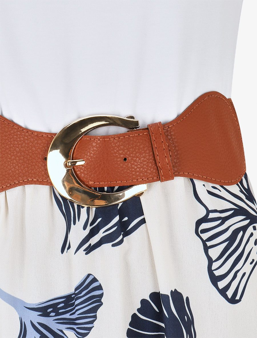 Robe longue imprimé végétal et col à sangle - Marine - 3