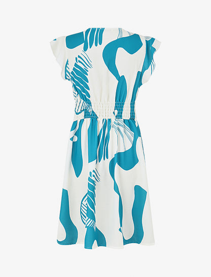 Robe élastiquée à manches volantées - Turquoise - 2