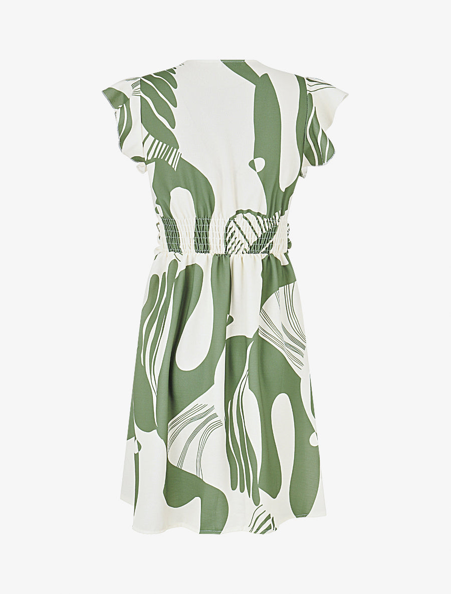 Robe élastiquée à manches volantées - Kaki - 2