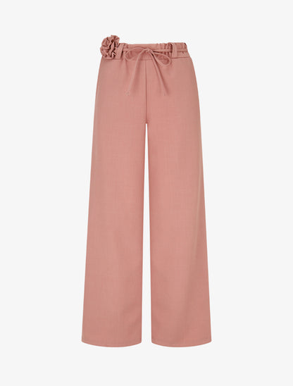 Pantalon droit taille haute à ceinture fleurie - Rose - 1