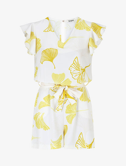 Combishort imprimé éventails à manches volantées - Jaune - 1