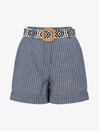 Short rayé ceinturé à revers - Bleu - 1